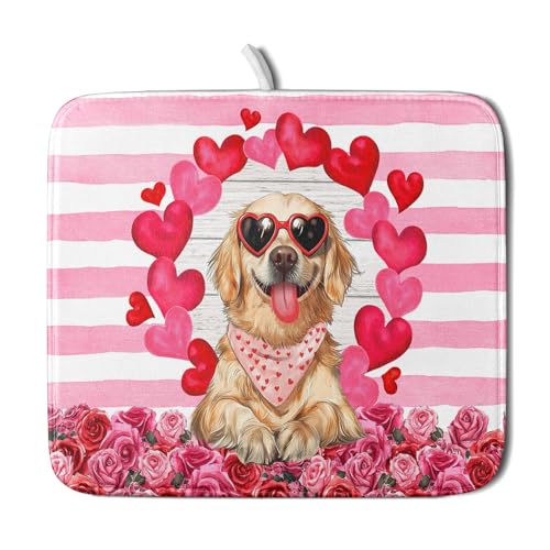 Valentine's Day Dog Dish Drying Mat for Kitchen Counter 16x18 inch Heart Rose Absorbent Dish Drainer Rack Mats for Coffee Bar Countertop