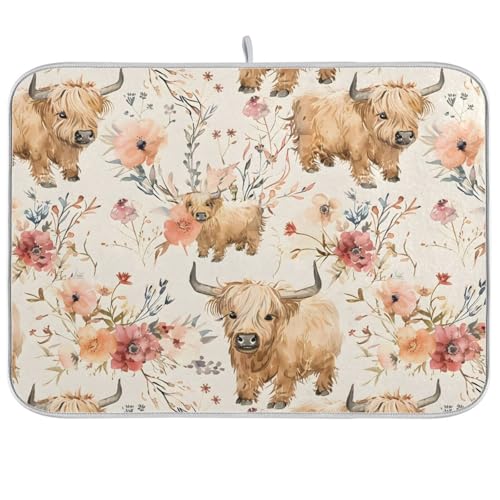 Cute Highland Cows Flowers Dish Drying Mat for Kitchen Counter Absorbent Microfiber Drying Pad