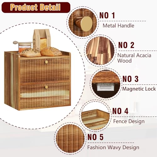 Acacia Bread Box for Kitchen Countertop Wood Bread Storage Container Bin Double Layer BreadBox Farmhouse Large Capacity Food Organizer