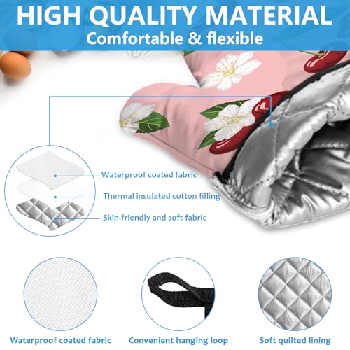 Cherry Oven Mitts and Pot Holders Sets Heat Resistant 4Pcs White Flower Potholders Oven Gloves Hot Pads for Kitchen Baking Cooking Grilling BBQ (4 Count)