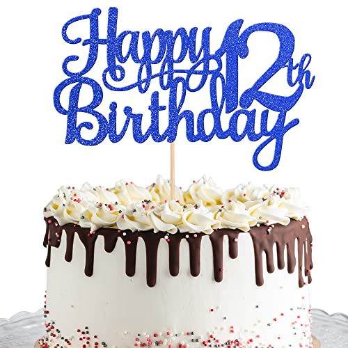 1 PCS Happy 12th Birthday Cake Topper Glitter Cheers to 12 Years Birthday Cake Pick 12 Fabulous Cake Decoration for Happy 13th Birthday Theme Party Decorations Supplies Blue