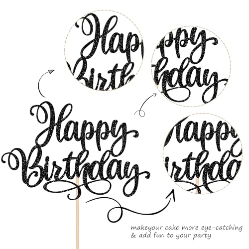 1 PCS Happy Birthday Cake Topper Glitter Happy Birthday Cake Pick Bunting Decor for Anniversary Celebrating Happy Birthday Party Cake Decorations Supplies Black