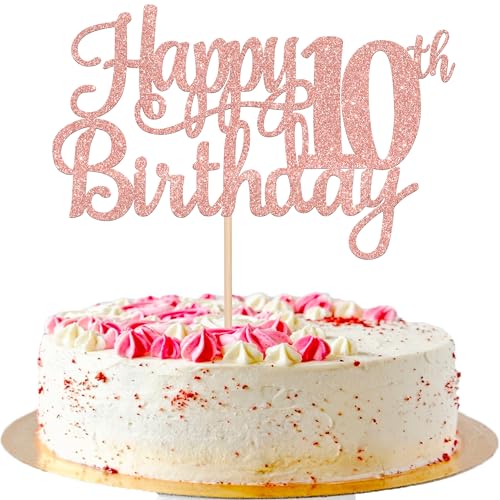1 PCS Happy 10th Birthday Cake Topper Glitter Cheers to 10 Years Birthday Cake Pick 10 Fabulous Double Digits Cake Decoration for Happy 10th Birthday Theme Party Decorations Supplies Rose Gold
