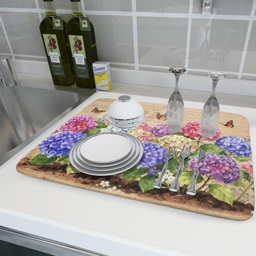 Vintage Flowers Dish Drying Mat Large 24 X18 Hydrangea Microfiber Drying Matt Kitchen Counter