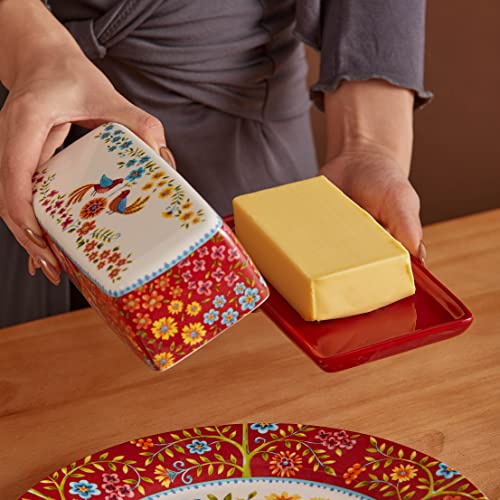 Red Spring Bird Ceramic Butter Dish with Lid