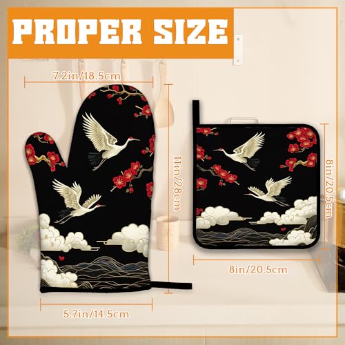 Japanese Crane Oven Mitts and Pot Holders Set (4 Count)