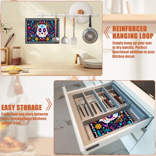 Sugar Skull Dish Drying Mat for Kitchen Counter Microfiber Absorbent Dish Day of the Dead Kitchen Drying Mat Draining Reusable Washable for Dishes