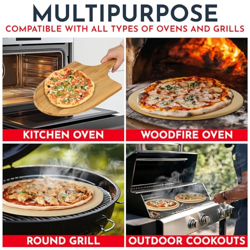 15" Round Pizza Stone for Oven Set 3PCs with Pizza Peel for Oven and Cutter (3 Count)