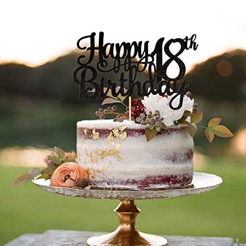 1 PCS Happy 18th Birthday Cake Topper Glitter Cheers to 18 Years Birthday Cake Pick 18 Fabulous Cake Decoration for Happy 18th Birthday Theme Party Decorations Supplies Black