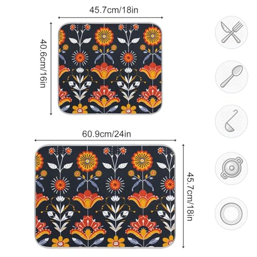 Floral Traditional Folk Art Dish Drying Mat for Kitchen Counter Absorbent Microfiber Drying Pad