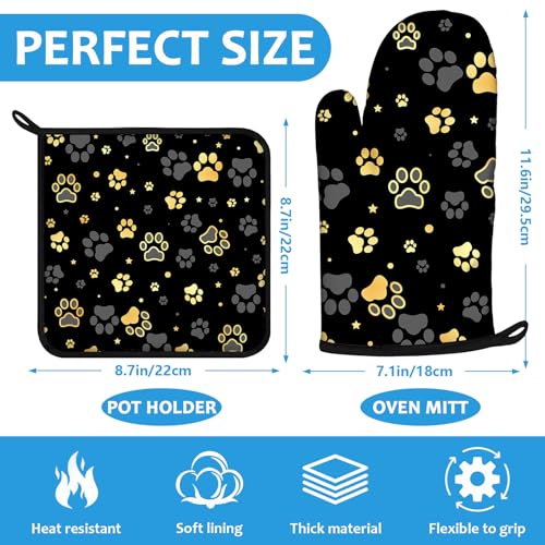 Gold Dog Paw Print Oven Mitts and Pot Holders Sets Heat Resistant 4Pcs Potholders Oven Gloves Hot Pads for Kitchen Baking Cooking Grilling BBQ (4 Count)