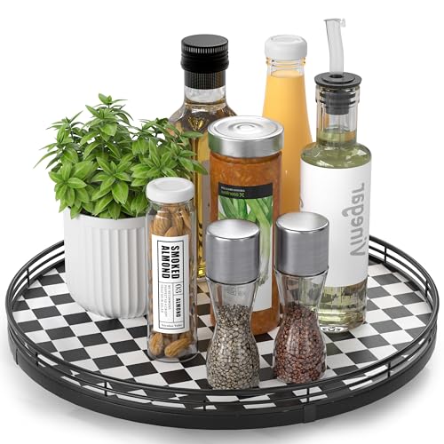 13 Inch Black and White Checkerboard Lazy Susan with Oak Wood Base