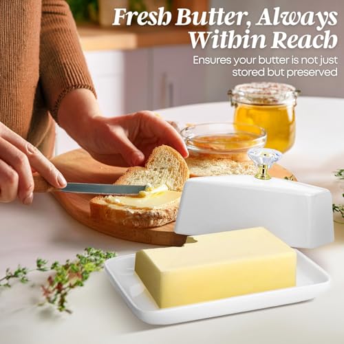 Large Ceramic Butter Dish with Lid & Crystal Handle