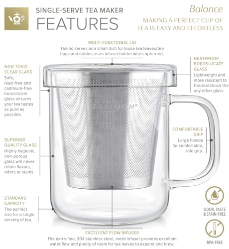 Premium Borosilicate Glass Mug with Stainless Steel Loose Leaf Tea Infuser and Lid