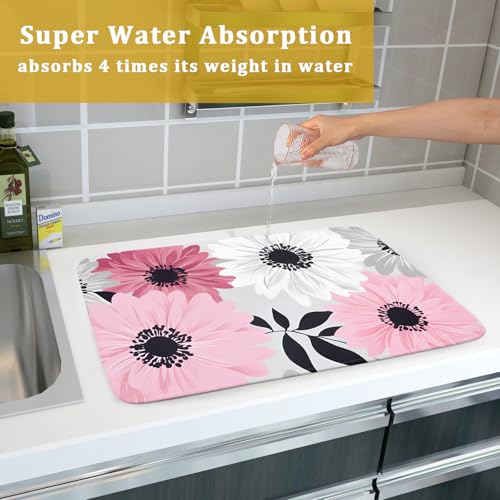 Blossom Florals Dish Drying Mat Abstract Daisy Flower Drainer Pad Absorbent Dish Rack Mats for Coffee Bar 18 X 24 Inch