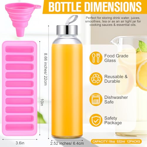 12 Pcs 18 oz Glass Water Bottles Glass Juice Bottles with Protection Sleeves (12 Count)