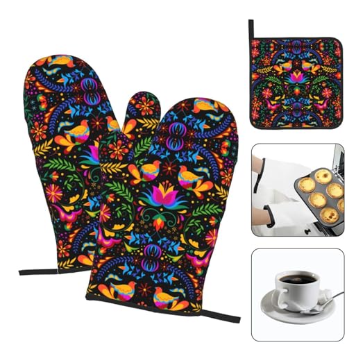 Mexican Floral Oven Mitts and Pot Holders Sets of 3 Colorful Flower (3 Count)