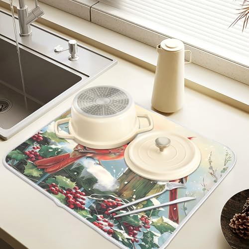 Winter Birds Snowflakes Berry Dish Drying Mat for Kitchen Counter Absorbent Microfiber Large Christmas Drying Pad Dish Mats for Kitchen Countertops 18 x 24 Inch