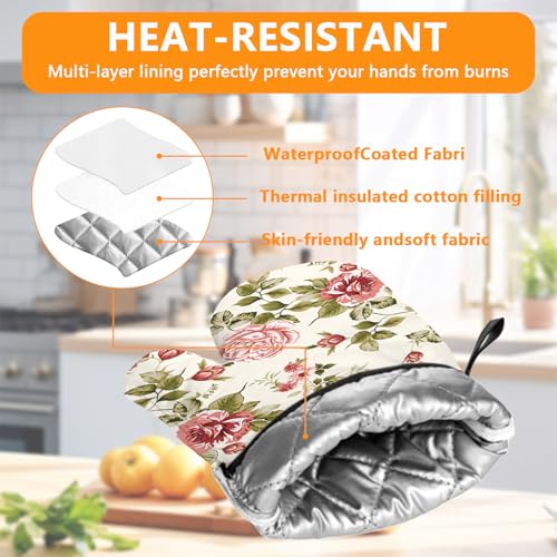 Red Rose Oven Mitts and Pot Holders Sets 4Pcs