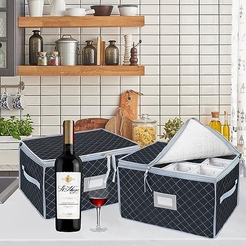 Wine Glass Storage Box with Dividers Holds 24 Stemware Storage Cases or China Crystal Glassware Containers with Handles and Lable Window (2 Count)