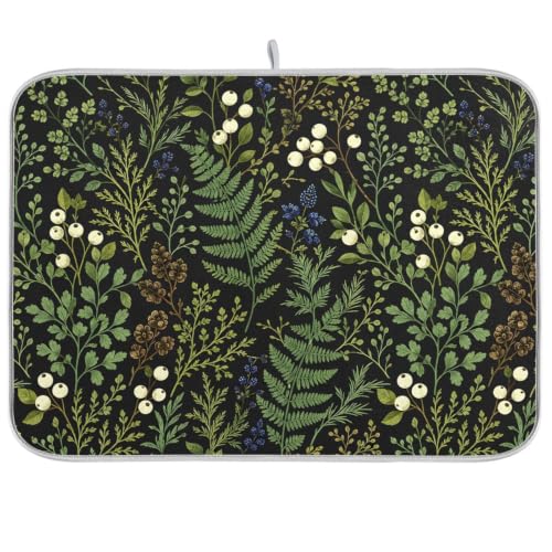 Sage Leaves Botanical Berry Plant Dish Drying Mat for Kitchen Counter Absorbent Microfiber Drying Pad