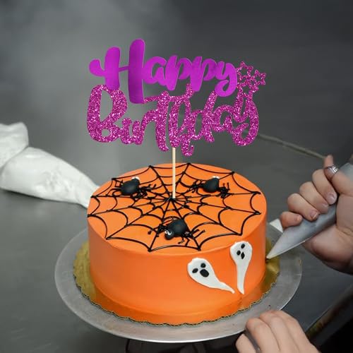 1Pcs Happy Birthday Cake Topper Glitter Happy Birthday Cake Pick Decorations for Celebrating Baby Shower Theme Kids Boys Girls Anniversary Party Decorations Supplies Purple