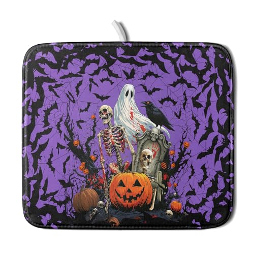 Halloween Pumpkin Dish Drying Mat 16x18 inch Spooky Ghost Bat Dish Rack Mats Microfiber Draining Pad Fast Dry Holiday Kitchen Accessories