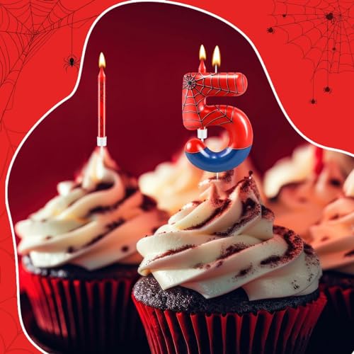 13 Pcs Spider Themed Birthday Candle Set Red Spider Theme Number 5 Candle Cake Topper for Boys Girls Birthday Decoration Spider Party Decoration Supplies (13 Count)