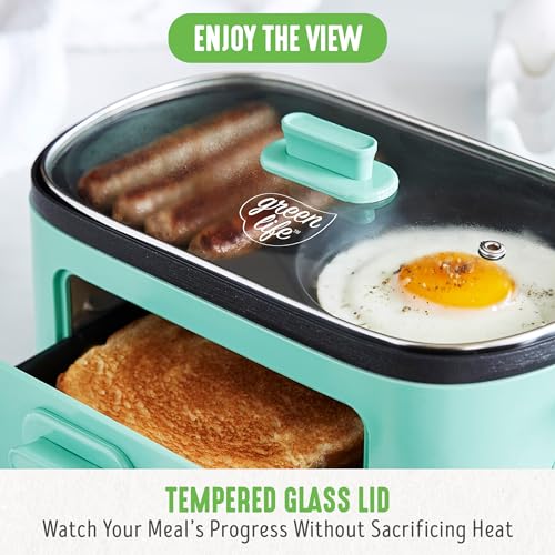 3-in-1 Breakfast Maker Station, Healthy Ceramic Nonstick Dual Griddles for Eggs Meat Sausage Bacon Pancakes and Breakfast Sandwiches, 2 Slice Toast Drawer, Easy-to-use Timer, Turquoise