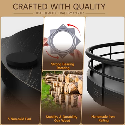 10 Inch Oak Lazy Susan Vanity Tray with Black Brushed Gold Rail