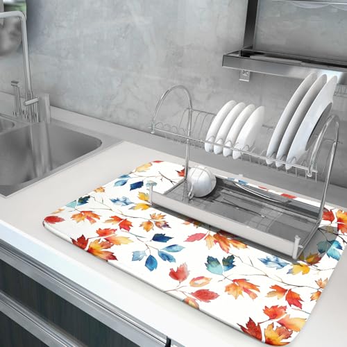 Autumn Leaf Dish Drying Mat Large Fall Colorful Leaves Absorbent Dish Drain Mats for Kitchen Counter