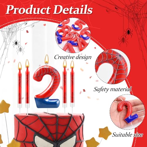 13 Pcs Spider Themed Birthday Candle Set Red Spider Theme Number 2 Candle Cake Topper for Boys Girls Birthday Decoration Spider Party Decoration Supplies (13 Count)
