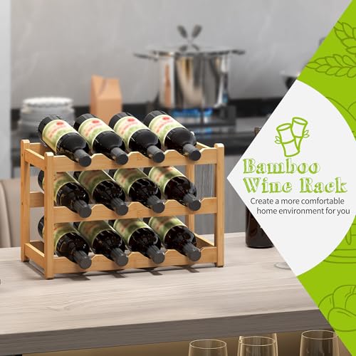 Bamboo Wine Rack Wine Storage Cabinet Shelf 12 Bottle Wine Racks Countertop Sturdy for Kitchen Dining Room Pantry