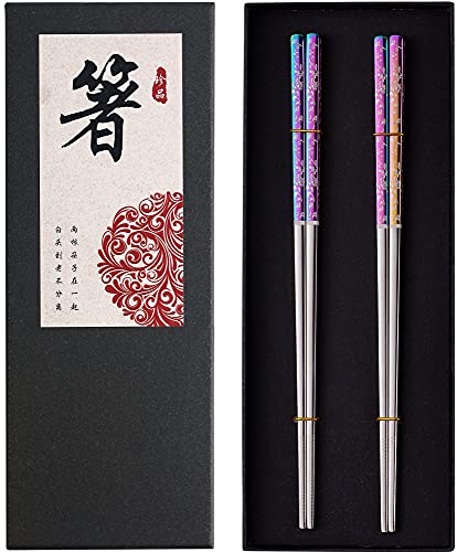 Metal Chopsticks Reusable Dazzling Rainbow Stainless Steel Chopsticks Titanium Plated Dishwasher Safe Fancy Laser Engraved Korean Japanese Chop Sticks Multicolor 2 Pairs Gift Set