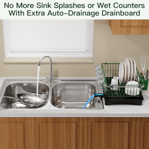 Green Expandable Dish Drying Rack Over Sink with Extra Drainboard