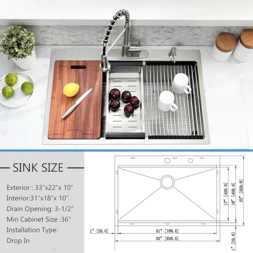 33 Inch Drop In Kitchen Sink Workstation