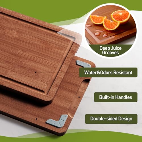 3 Packs Bamboo Cutting Board Set with Non Slip Feet and Over Sink Nice Solid Thick Wood Juice Groove Chopping Board Extra Large Big Small Best Hardwood Kitchen Counter Organic Vegetable (3 Count)