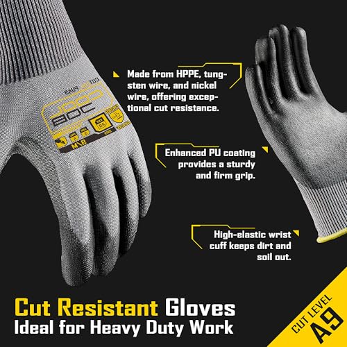 A9 12 Pairs PU Cut Resistant Work Gloves with Grip (12 Count)
