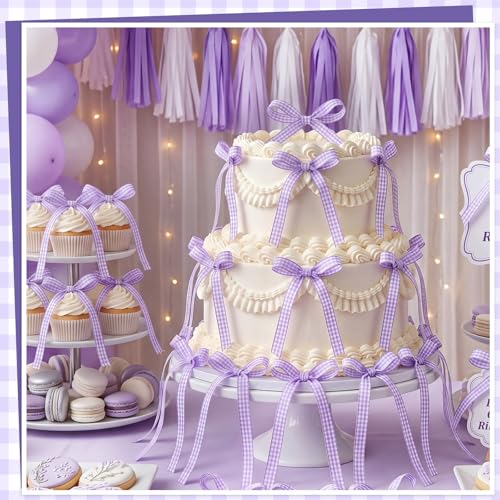 30 Pack Bow Cake Toppers Purple Gingham Ribbon Bows for Cake (30 Count)