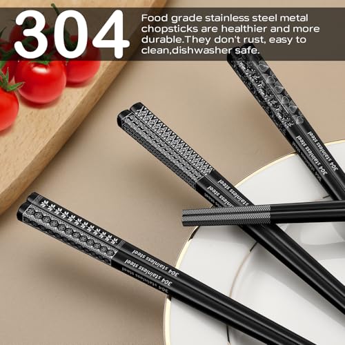 8 Pairs Metal Chopsticks Reusable Black Stainless Steel Chopsticks Set Laser Engraved Non (8 Count)