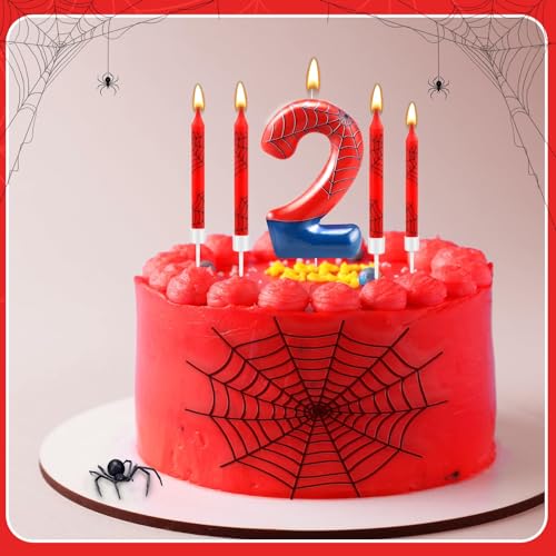 13 Pcs Spider Themed Birthday Candle Set Red Spider Theme Number 2 Candle Cake Topper for Boys Girls Birthday Decoration Spider Party Decoration Supplies (13 Count)