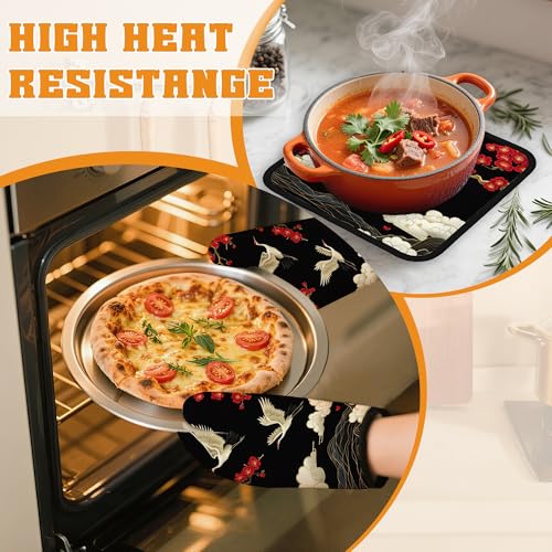 Japanese Crane Oven Mitts and Pot Holders Set (4 Count)