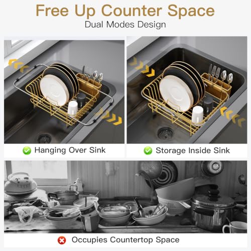 Gold Dish Drying Rack in Sink with Utensil Holder