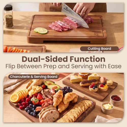 Large Acacia Wood Cutting Board Set for Kitchen with Storage Stand (7 Count)