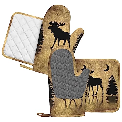 Rustic Elk Moose Deer Forest Pine Tree Moon Design Oven Mitts and Pot Holders Sets Silicone Moose Kitchen Mitts Potholders Heat Resistant 4Pcs Moose Oven Gloves Hot Pads for Kitchen (4 Count)