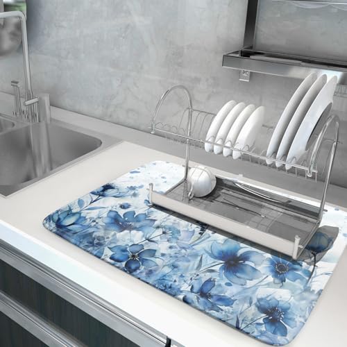 Blue Floral Dish Drying Mat for Kitchen Counter Watercolor Leaves Dishes Drainer Rack Mat Absorbent Microfiber Dish Draining Pad 18x24 Inch