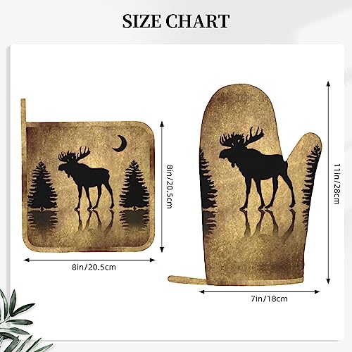 Rustic Elk Moose Deer Forest Pine Tree Moon Design Oven Mitts and Pot Holders Sets Silicone Moose Kitchen Mitts Potholders Heat Resistant 4Pcs Moose Oven Gloves Hot Pads for Kitchen (4 Count)