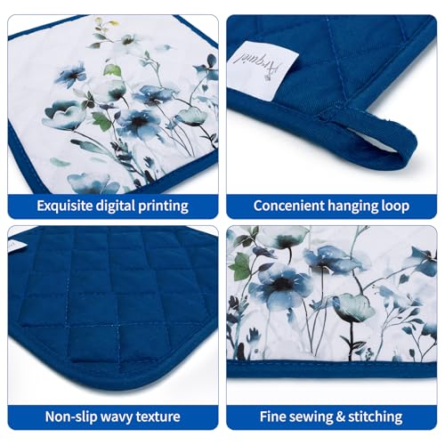 Blue Watercolor Flower Oven Mitts and Pot Holder Set (4 Count)