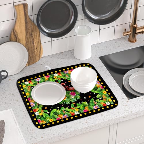 Tropical Flamingo Dish Drying Mat Palm Leaves Absorbent Dishes Drainer Pad Microfiber Dish Rack Mat for Kitchen Countertop Decor 16x18 Inch