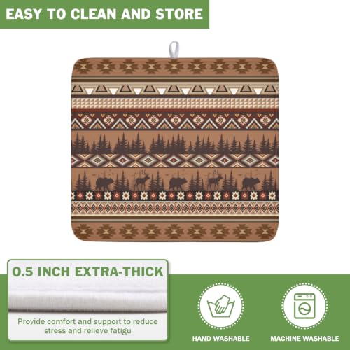 Rustic Bear Deer Dish Drying Mat Boho Ethnic Drainer Rack Pad 16x18 Inch Microfiber Absorbent Dish Sink Mat for Counter Kitchen Tableware